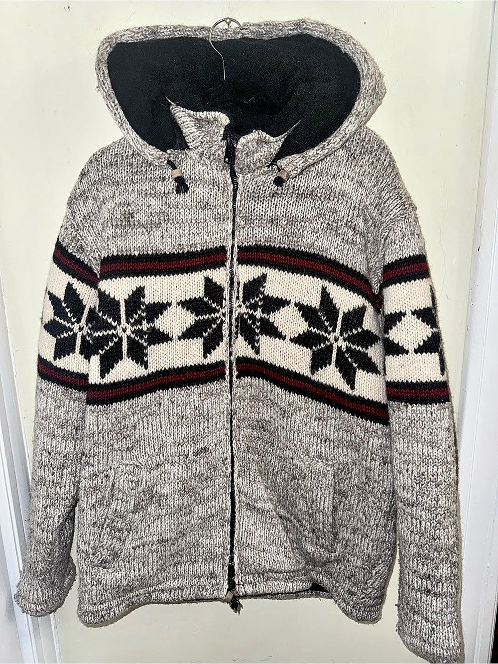 Artisan Nordic Fair Isle Pure Wool Heavy Knit Zip Up Hoodie Size M